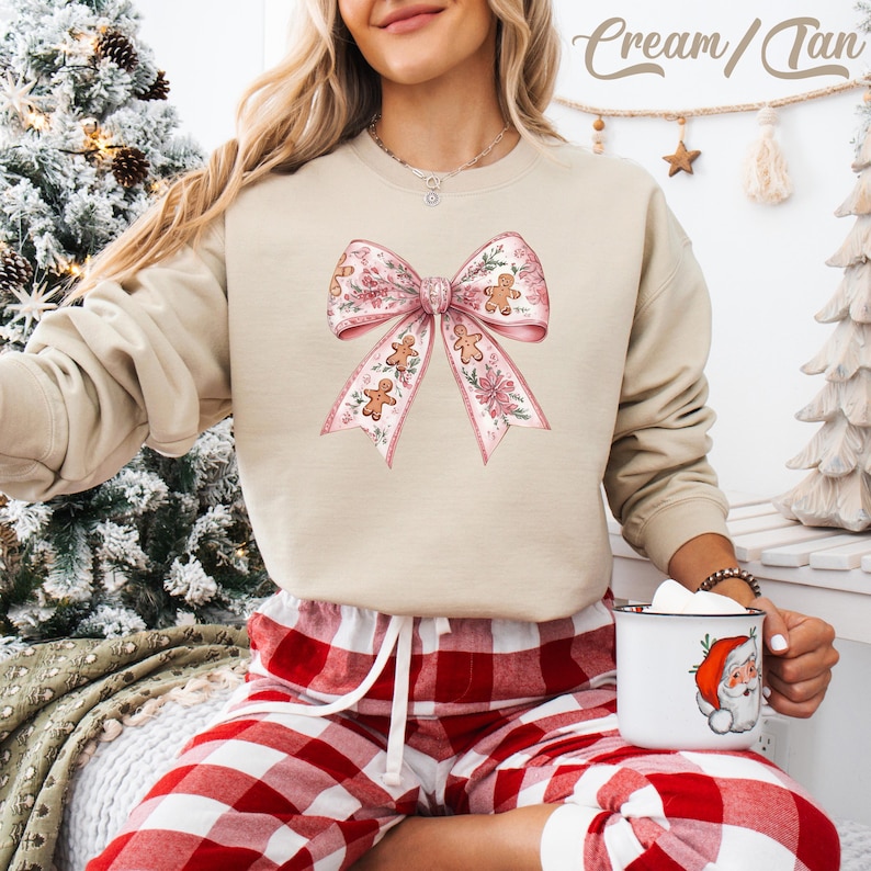 Pink Christmas Bow Sweatshirt: Coquette Gingerbread Floral Xmas Hoodie Cream/Tan