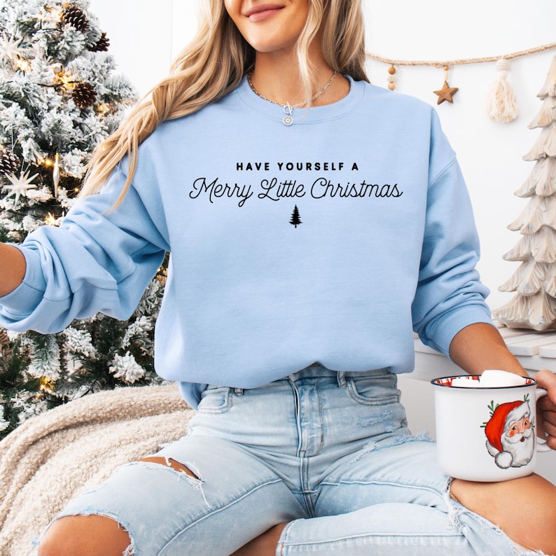 Merry Christmas Sweatshirt: Minimalist Holiday Quote Shirt Light Blue