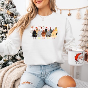 Sweat-shirt amusant avec des poulets de Noël : col rond Holiday Farm White