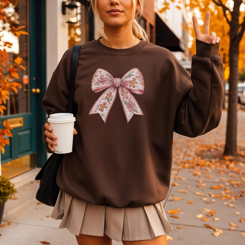 Pink Christmas Bow Sweatshirt: Coquette Gingerbread Floral Xmas Hoodie Dark Chocolate