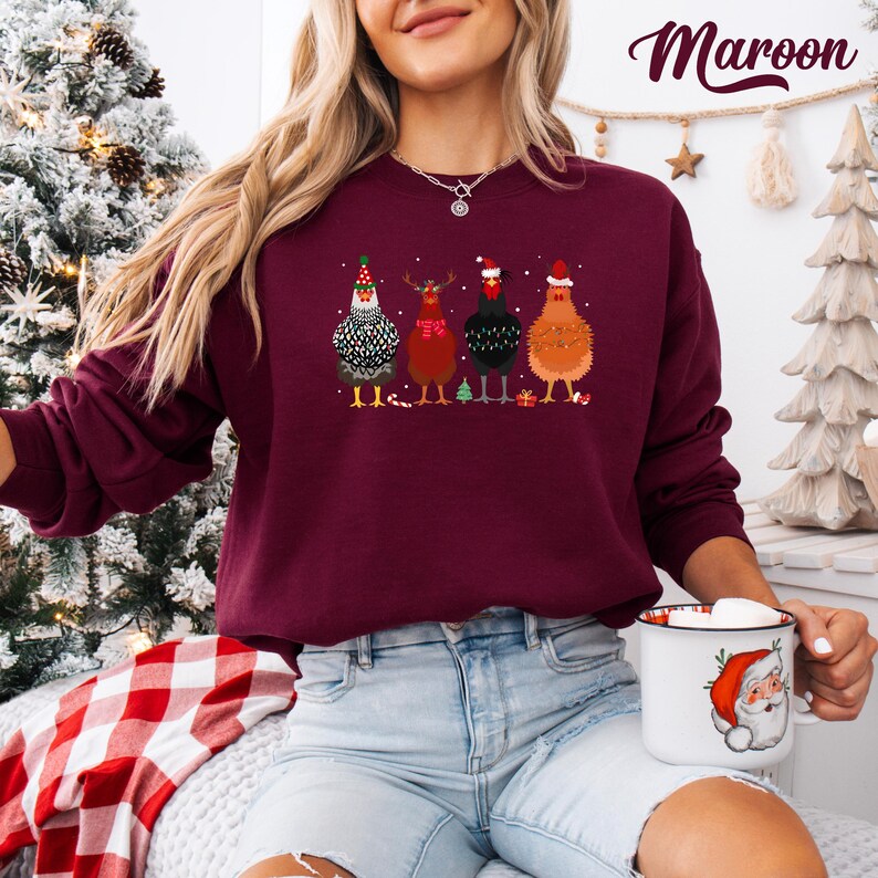 Funny Christmas Chickens Sweatshirt: Holiday Farm Crewneck Maroon