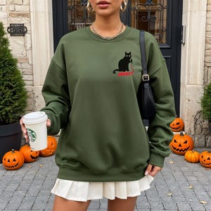 Funny Halloween Cat Shirt: Horror Black Cat Graphic Tee Military Green