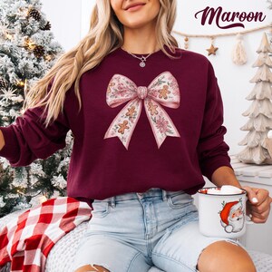 Pink Christmas Bow Sweatshirt: Coquette Gingerbread Floral Xmas Hoodie Maroon
