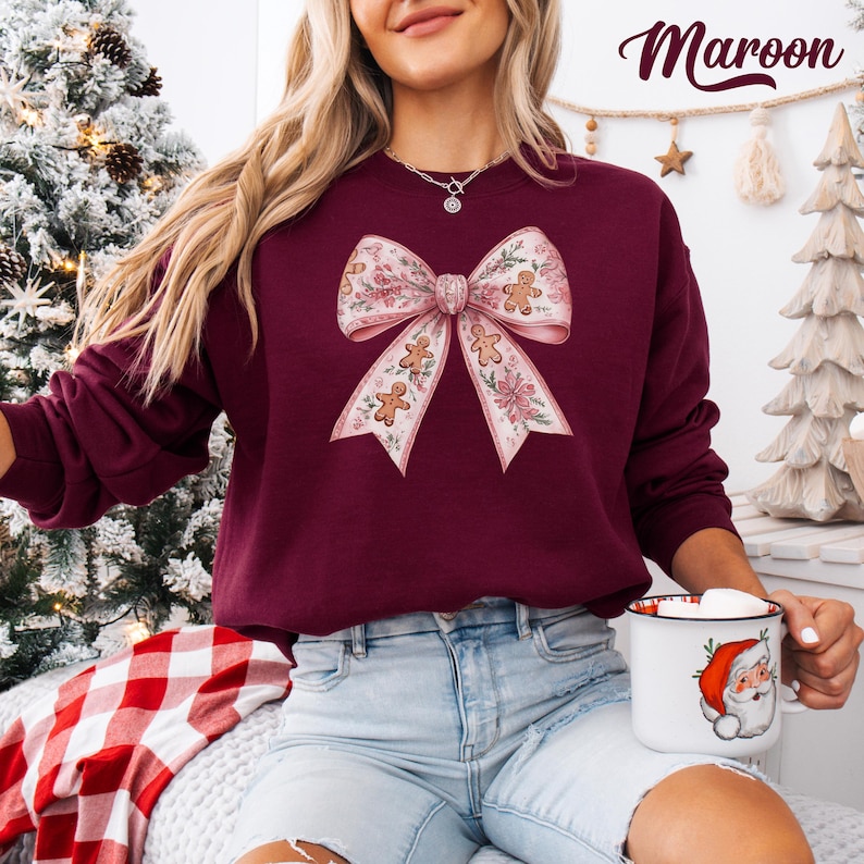 Pink Christmas Bow Sweatshirt: Coquette Gingerbread Floral Xmas Hoodie Maroon