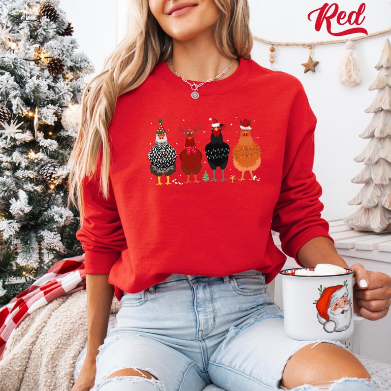Funny Christmas Chickens Sweatshirt: Holiday Farm Crewneck Red