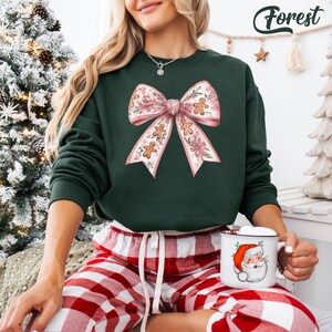 Pink Christmas Bow Sweatshirt: Coquette Gingerbread Floral Xmas Hoodie Forest