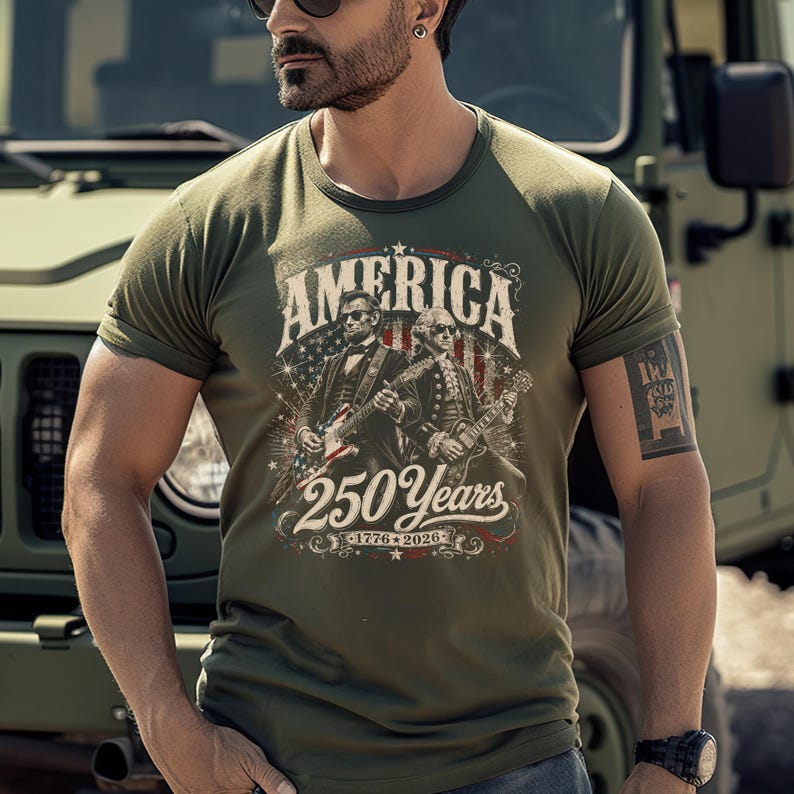 May include: Olive green t-shirt with a graphic featuring the word "AMERICA" above an illustration of two figures playing guitars, with the text "250 Years 1776-2026". The shirt is short-sleeved.