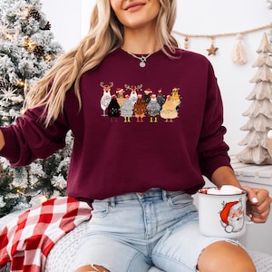 Sweat-shirt amusant avec des poulets de Noël : col rond Holiday Farm Maroon