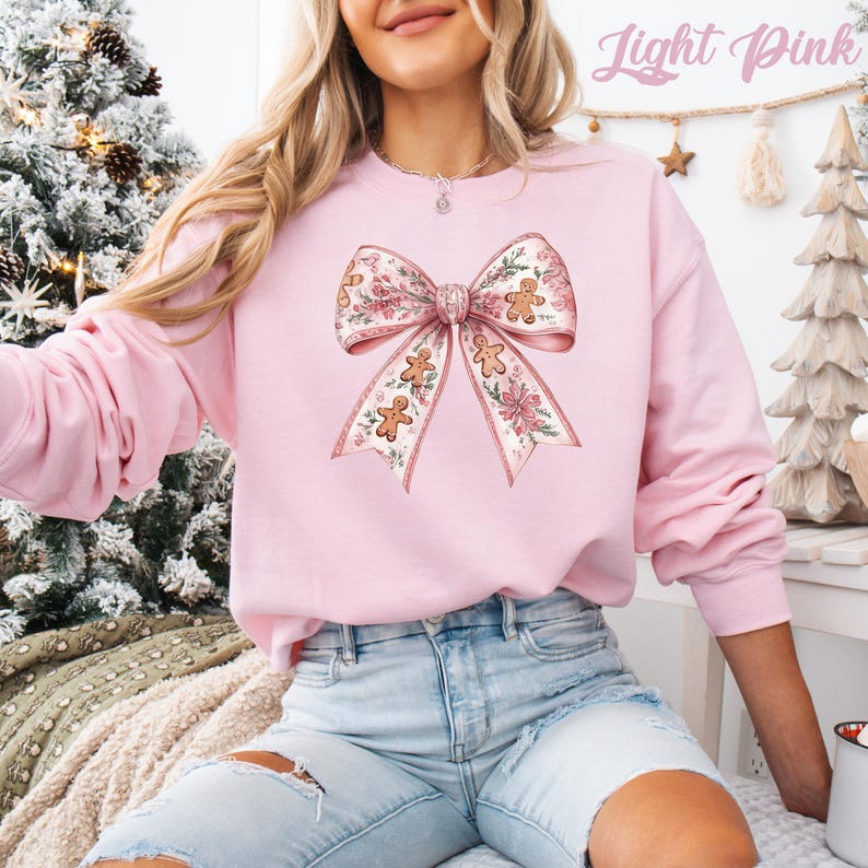Pink Christmas Bow Sweatshirt: Coquette Gingerbread Floral Xmas Hoodie Light Pink