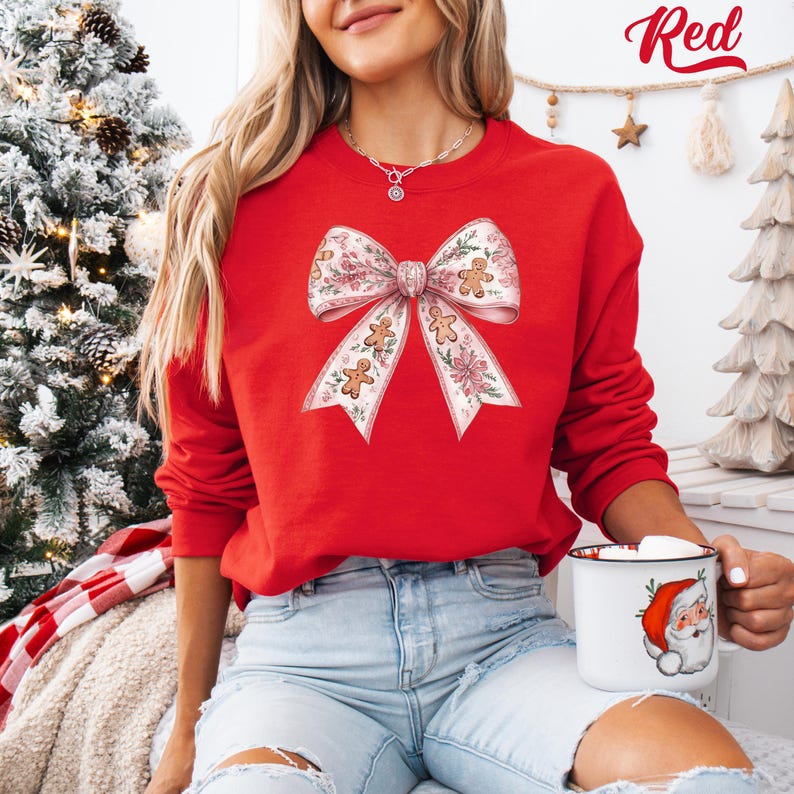 Pink Christmas Bow Sweatshirt: Coquette Gingerbread Floral Xmas Hoodie Red