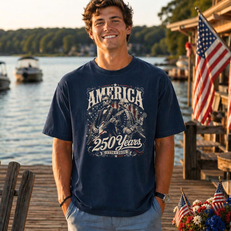 May include: Navy blue t-shirt with the word "AMERICA" above an illustration of two figures playing guitars, with the text "250 Years 1776-2026". The shirt is worn by a person standing near a lake.
