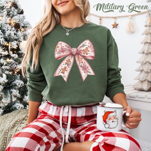 Pink Christmas Bow Sweatshirt: Coquette Gingerbread Floral Xmas Hoodie Military Green