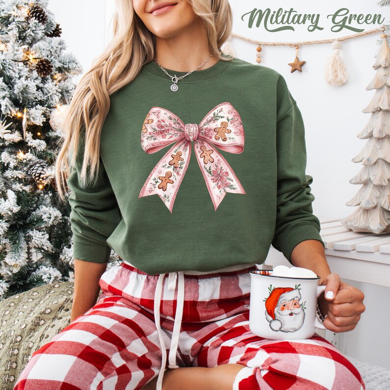 Pink Christmas Bow Sweatshirt: Coquette Gingerbread Floral Xmas Hoodie Military Green