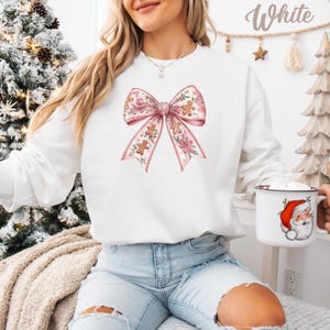 Pink Christmas Bow Sweatshirt: Coquette Gingerbread Floral Xmas Hoodie White