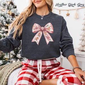 Pink Christmas Bow Sweatshirt: Coquette Gingerbread Floral Xmas Hoodie Heather Dark Gray