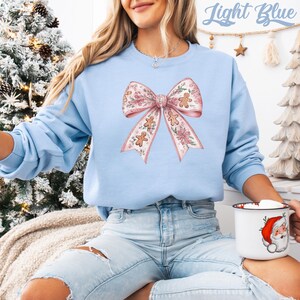 Pink Christmas Bow Sweatshirt: Coquette Gingerbread Floral Xmas Hoodie Light Blue