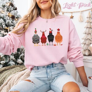 Funny Christmas Chickens Sweatshirt: Holiday Farm Crewneck Light Pink