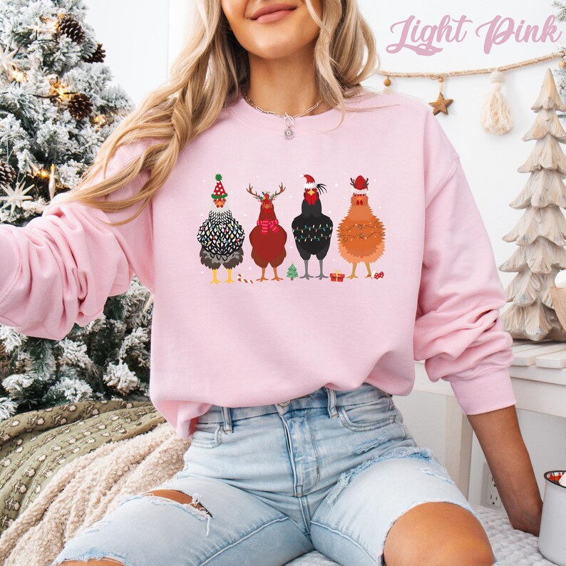 Funny Christmas Chickens Sweatshirt: Holiday Farm Crewneck Light Pink