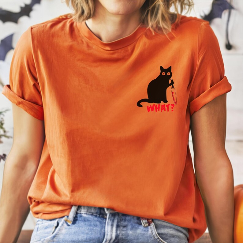 Funny Halloween Cat Shirt: Horror Black Cat Graphic Tee Burnt Orange
