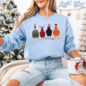 Funny Christmas Chickens Sweatshirt: Holiday Farm Crewneck Light Blue