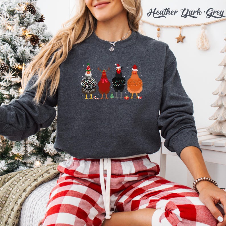 Funny Christmas Chickens Sweatshirt: Holiday Farm Crewneck Heather Dark Gray