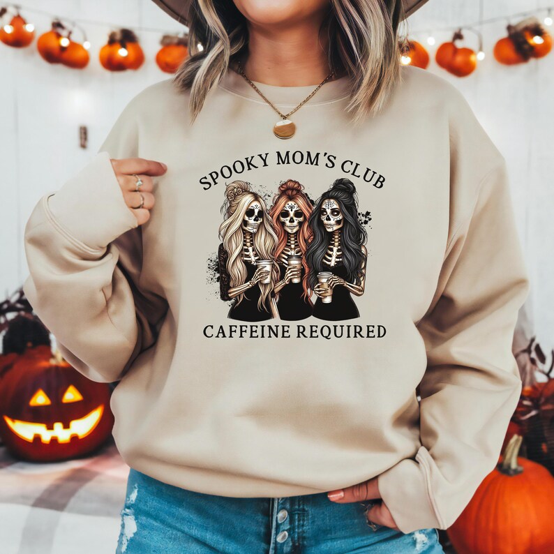 Spooky Mom Halloween Sweatshirt: Caffeine Skeleton Mama Shirt Cream/Tan