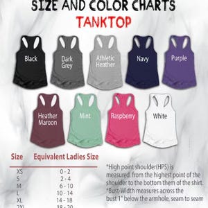 May include: A color chart for tank tops, displaying various colors including black, dark grey, athletic heather, navy, purple, heather maroon, mint, raspberry, and white. The chart also includes a size guide with equivalent ladies' sizes.
