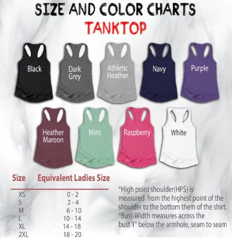 May include: A color chart for tank tops, displaying various colors including black, dark grey, athletic heather, navy, purple, heather maroon, mint, raspberry, and white. The chart also includes a size guide with equivalent ladies' sizes.
