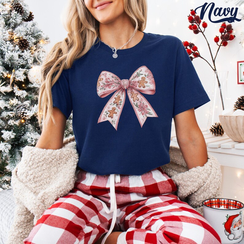 Pink Christmas Bow Sweatshirt: Coquette Gingerbread Floral Xmas Hoodie Navy
