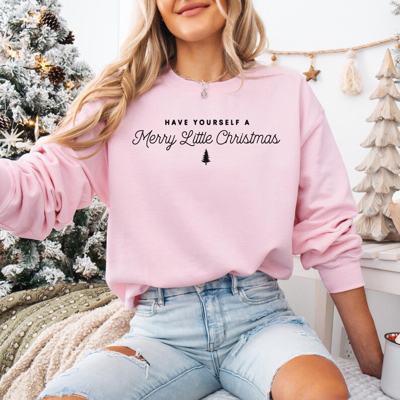 Merry Christmas Sweatshirt: Minimalist Holiday Quote Shirt Light Pink