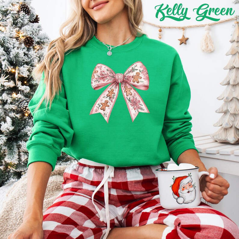 Pink Christmas Bow Sweatshirt: Coquette Gingerbread Floral Xmas Hoodie Kelly Green