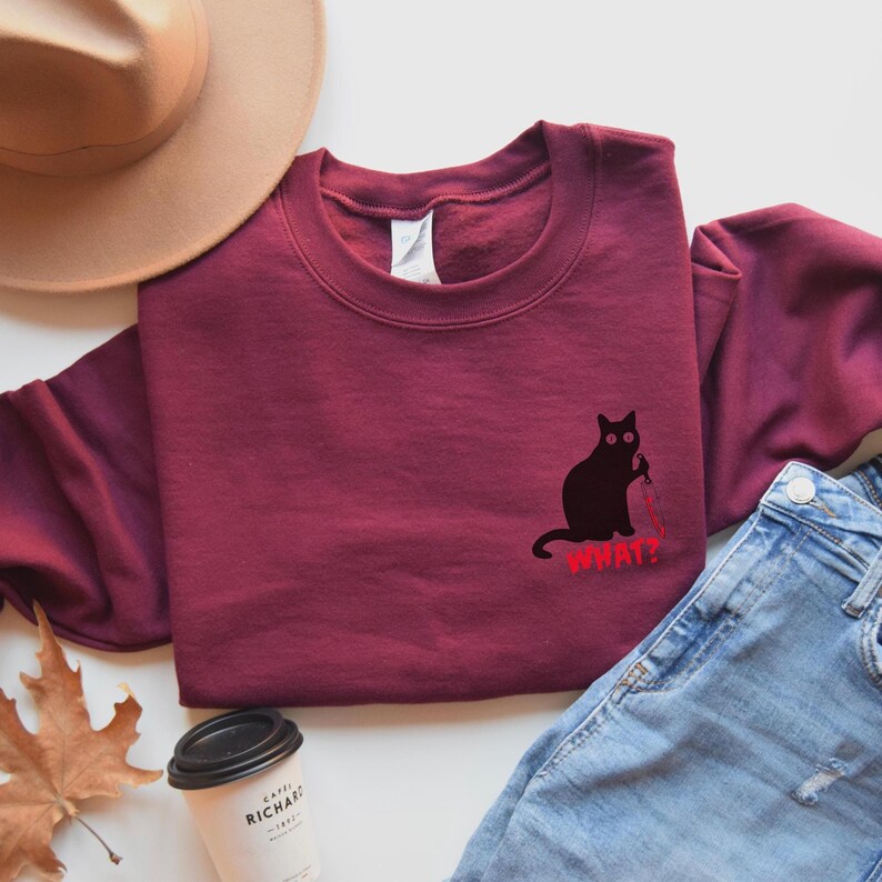 Funny Halloween Cat Shirt: Horror Black Cat Graphic Tee Maroon