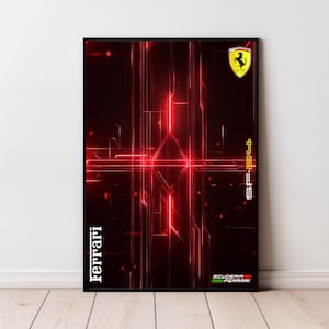 以下が含まれることがあります： 赤と黒の抽象的なデザイン、明るい赤い線、フェラーリのロゴが特徴の額入りポスター。「Ferrari」の文字が左に縦に配置され、「SF94」が右に配置されています。Scuderia Ferrariのロゴが下部にあります。