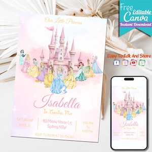 May include: A printable invitation for a princess-themed birthday party. The invitation features a pink castle with a watercolor effect, surrounded by Disney princesses. The text reads "Our Little Princess Isabella Is Turning Five" with details for the party, including the date, time, and location. The invitation is designed to be edited in Canva.