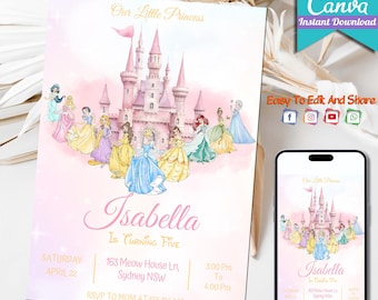 Editable Watercolor Royal Princess Magical Birthday Party Invite | Girl&#39;s Birthday Party Invite | Canva, Digital Template | Instant Download