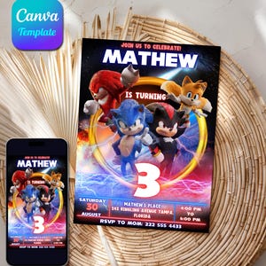 Invito di compleanno modificabile di Sonic 3, modello di invito per festa di Super Sonic, invito per festa di Super Hedgehog Boys, invito Canva download immediato