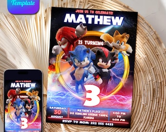 Editable Sonic 3 Birthday Invitation, Super Sonic Party Invitation Template, Super Hedgehog Boys Party Invite, Canva Invite Instant Download
