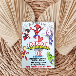 May include: A blue and white birthday party invitation with a cartoon image of Spiderman and other superheroes. The invitation says "You are invited to join Jackson's Amazing Friends to celebrate his 5th Birthday. Saturday July 18, 04:00 pm - 06:00 pm, 234 Honey Street, Party Prints City. RSVP to Mom at 123-4556-7890."