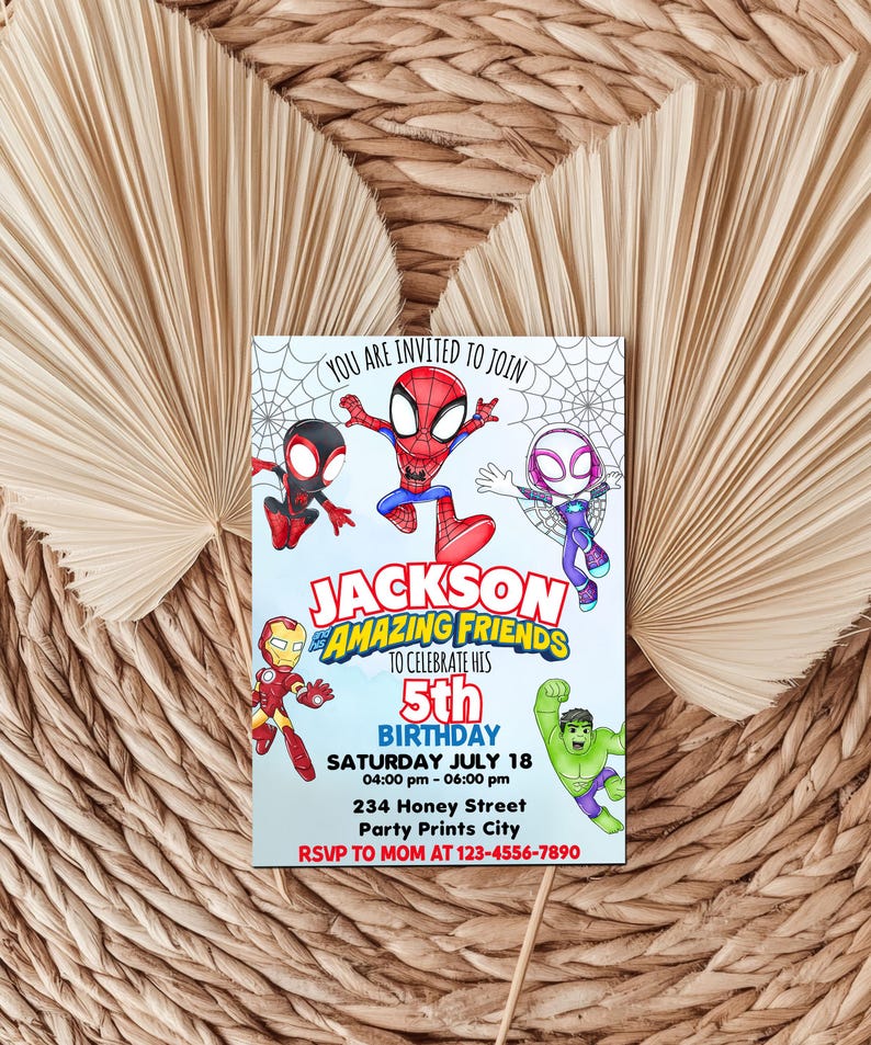 May include: A blue and white birthday party invitation with a cartoon image of Spiderman and other superheroes. The invitation says "You are invited to join Jackson's Amazing Friends to celebrate his 5th Birthday. Saturday July 18, 04:00 pm - 06:00 pm, 234 Honey Street, Party Prints City. RSVP to Mom at 123-4556-7890."