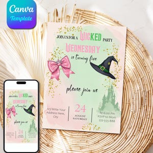 Editable Birthday Wicked Party Invitation, Pink and Green For Girls Party Theme Invite, WICKED Movie Elphaba & Glinda Theme, Canva Template