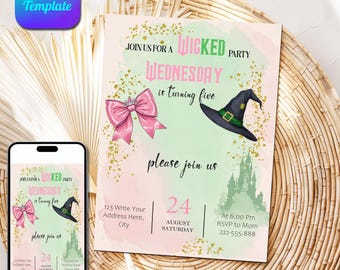 Bewerkbare Wicked-verjaardagsuitnodiging, roze en groen voor meisjes feestthema uitnodigen, WICKED-film Elphaba & Glinda-thema, canvassjabloon