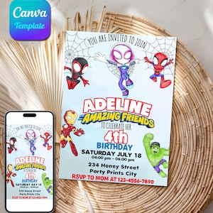 Editable Watercolor Spidey and her Amazing Friends Birthday Party Invitation | Superhero Birthday Invite Canva Template | Instant Download