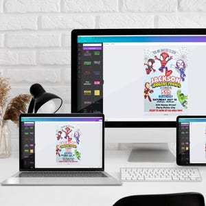 May include: Three computer screens displaying a digital invitation for a birthday party. The invitation features a cartoon image of Spiderman and other superheroes. The text on the invitation reads "You are invited to join Jackson's Amazing Friends 5th Birthday Saturday, May 18 2:30 Honey Street Party Points City RSVP to Mom at 123-456-7890".