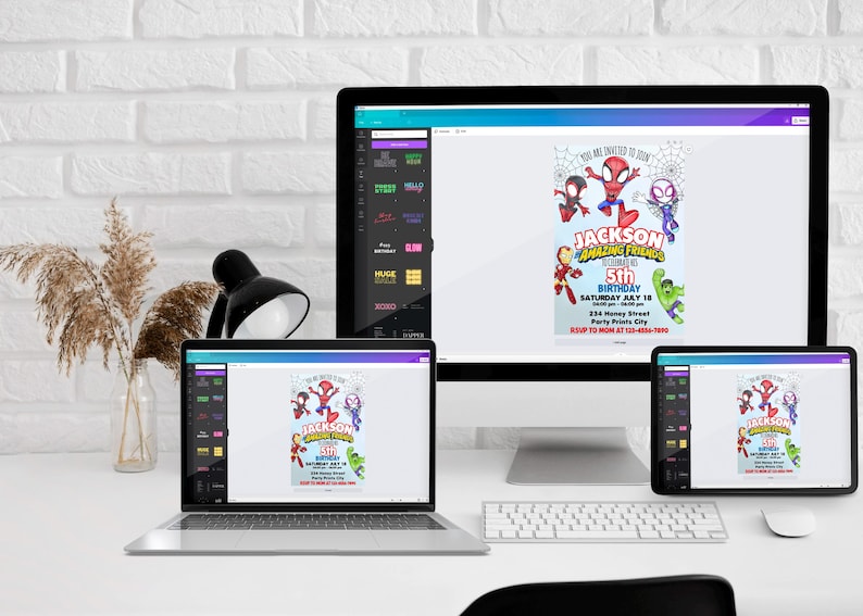 May include: Three computer screens displaying a digital invitation for a birthday party. The invitation features a cartoon image of Spiderman and other superheroes. The text on the invitation reads "You are invited to join Jackson's Amazing Friends 5th Birthday Saturday, May 18 2:30 Honey Street Party Points City RSVP to Mom at 123-456-7890".
