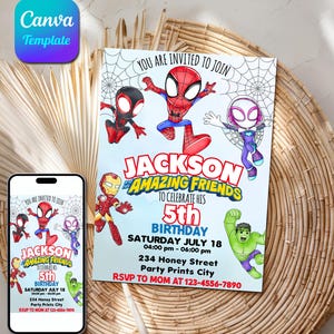 Editable Watercolor Spidey and his Amazing Friends Birthday Party Invitation | Superhero Birthday Invite Canva Template | Instant Download