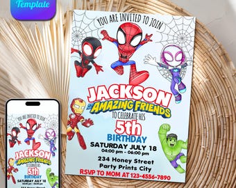 Editable Watercolor Spidey and his Amazing Friends Birthday Party Invitation | Superhero Birthday Invite Canva Template | Instant Download