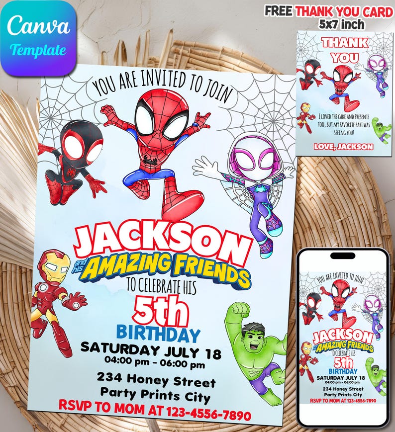 Editable Watercolor Spidey and his Amazing Friends Birthday Party Invitation | Superhero Birthday Invite Canva Template | Instant Download image 1