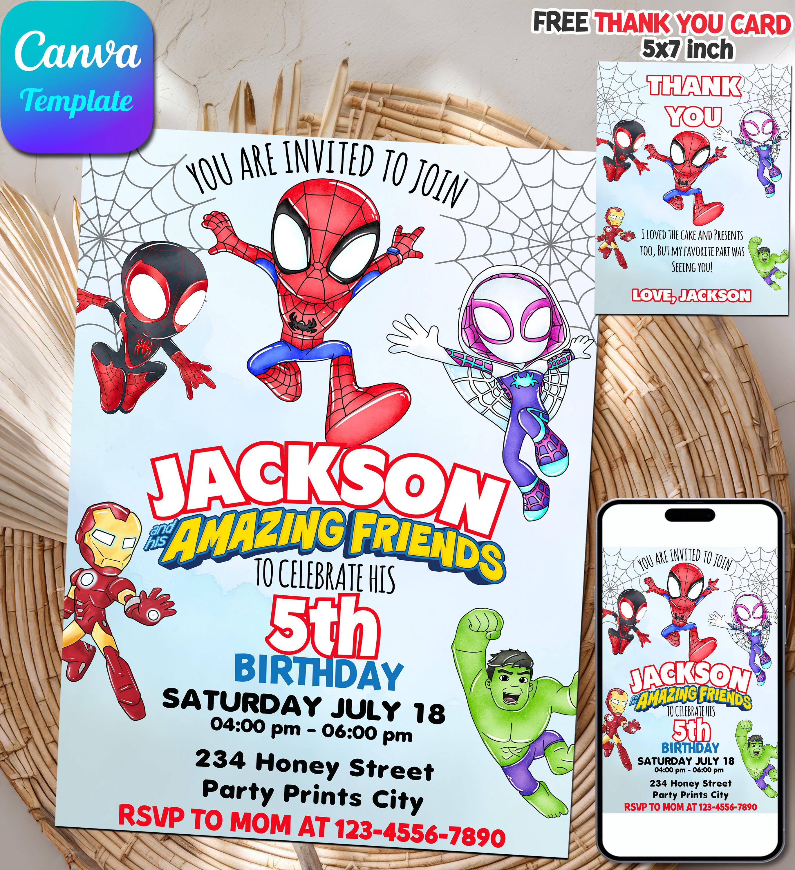 Editable Watercolor Spidey and his Amazing Friends Birthday Party Invitation | Superhero Birthday Invite Canva Template | Instant Download