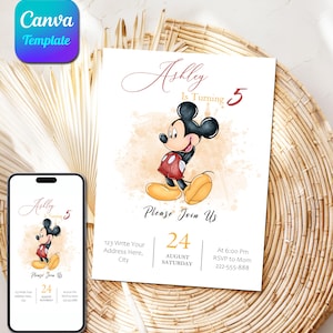 Invito di compleanno di Topolino modificabile, invito di compleanno di Topolino acquerello, invito per festeggiato, invito di compleanno di Topolino Disneyland