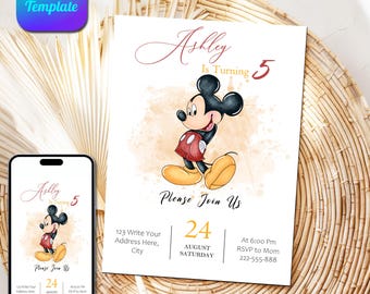 Editable Mickey Mouse Birthday Invitation, Watercolor Mickey Birthday invite, Birthday Boy Invitation, Disneyland Bday Mickey Mouse Invite